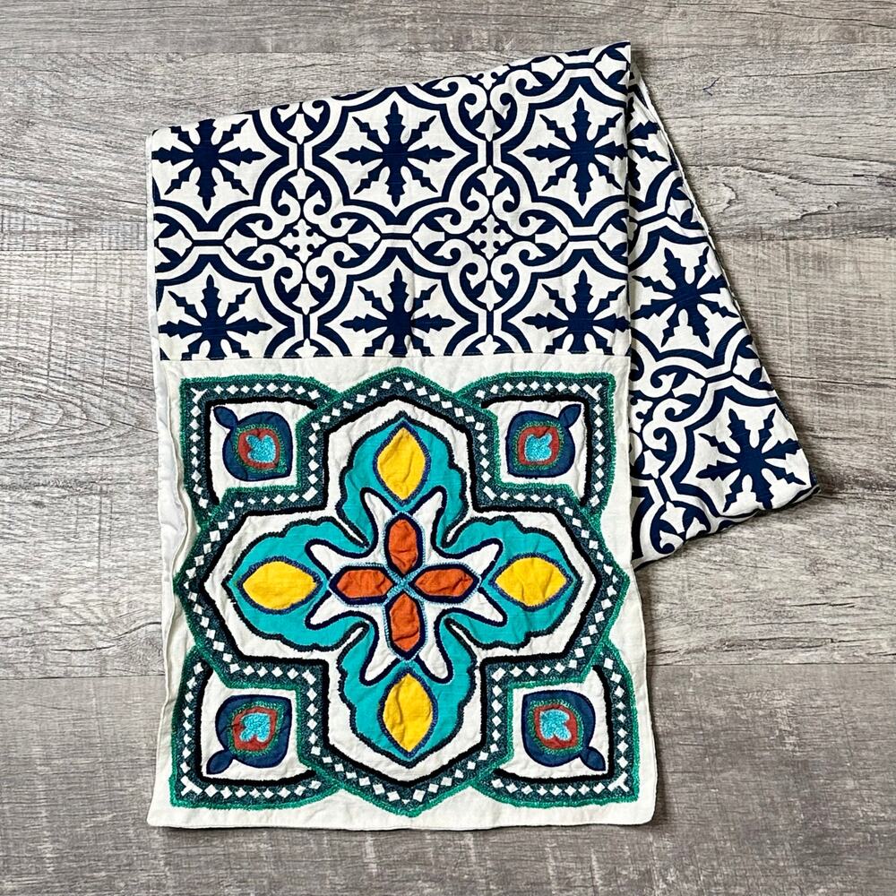 Pier 1 Bright Geometric Winter Table Runner 13” X 70” White Blue Snowflake Decor